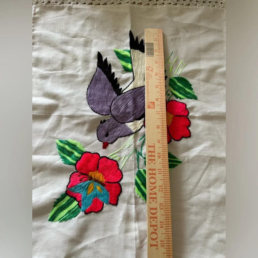 Embroidered Bird & Floral Lace Doily ⚠️ Stains 24 x 21 Large Piece